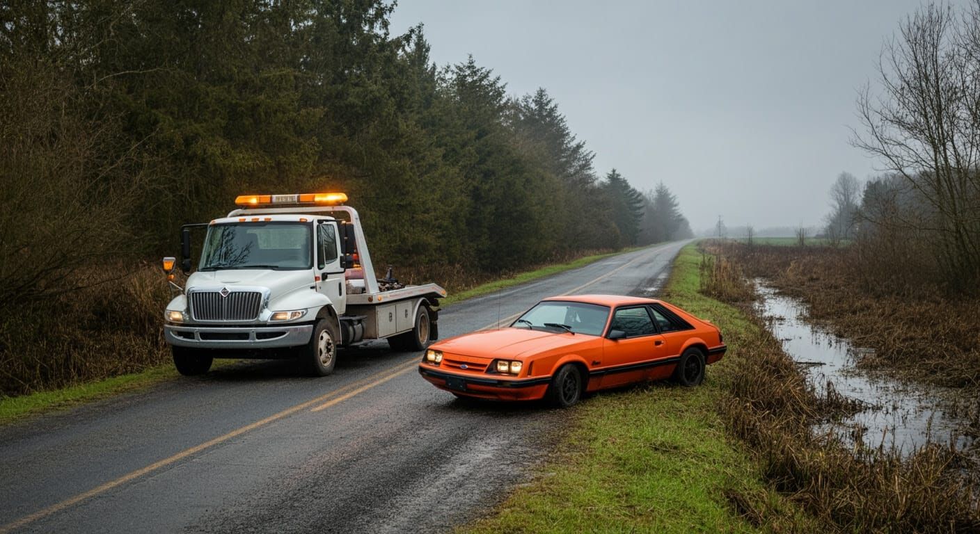 Rustic Country Roadside Scene with Vintage Mustang and Tow T...