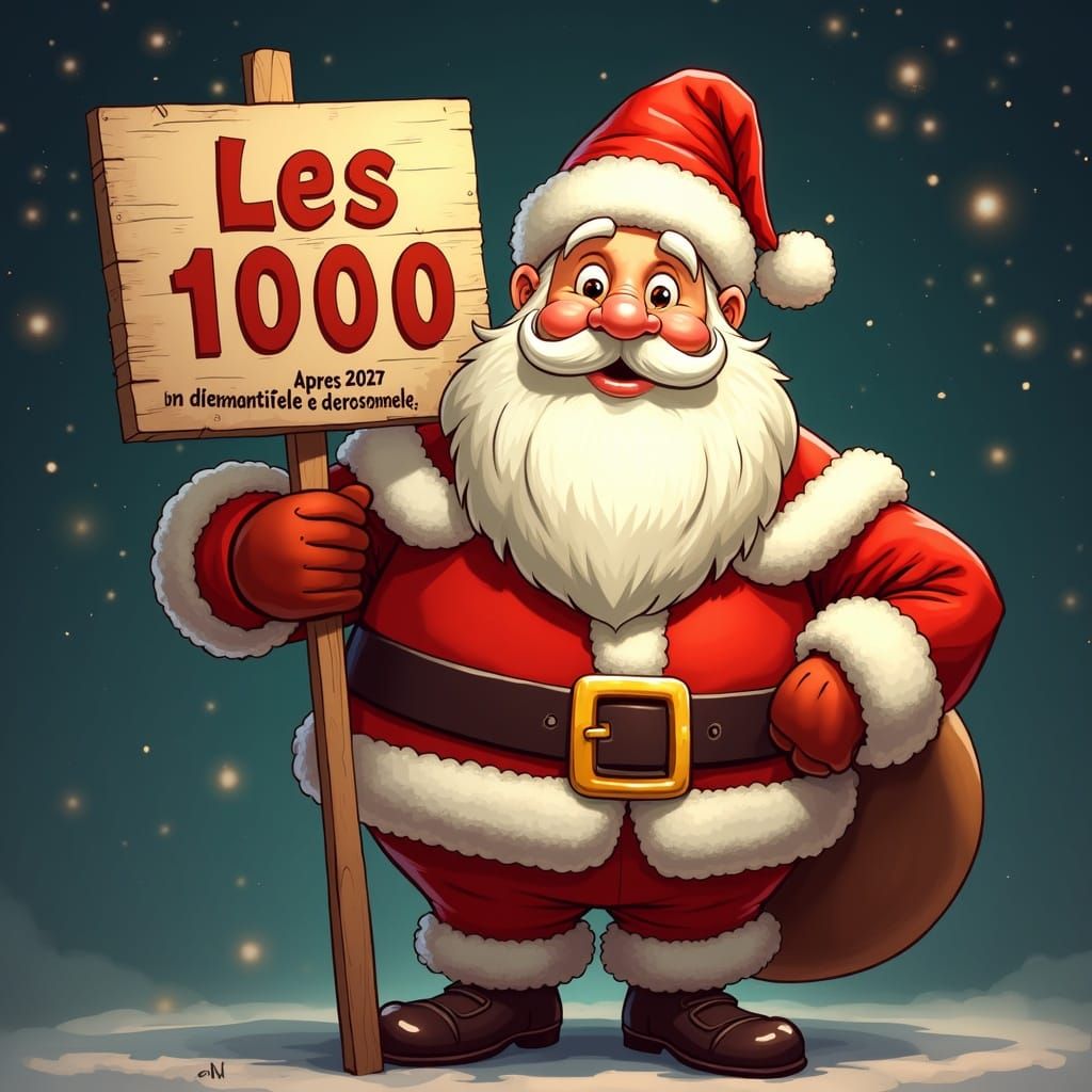 Satirical Santa Claus Holds "Les 1000" Sign