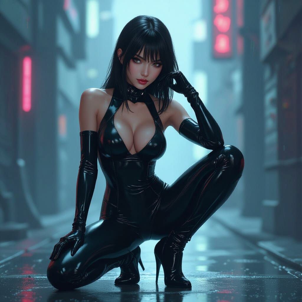 Anime Woman in Latex Bodysuit with Neon Lighting