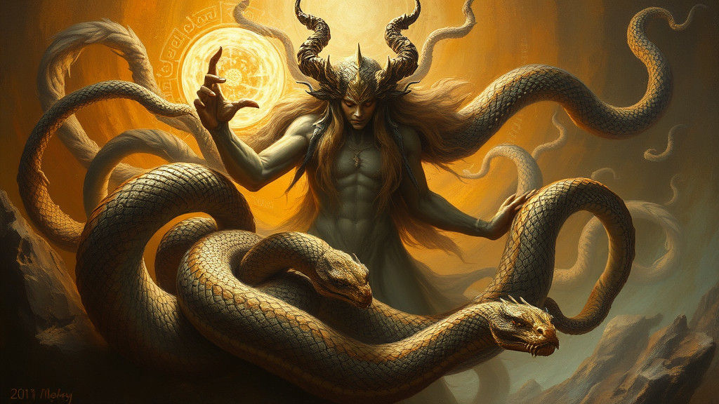Mystical Kuuhliiyhu Surrounded by Serpents as Oil Painting