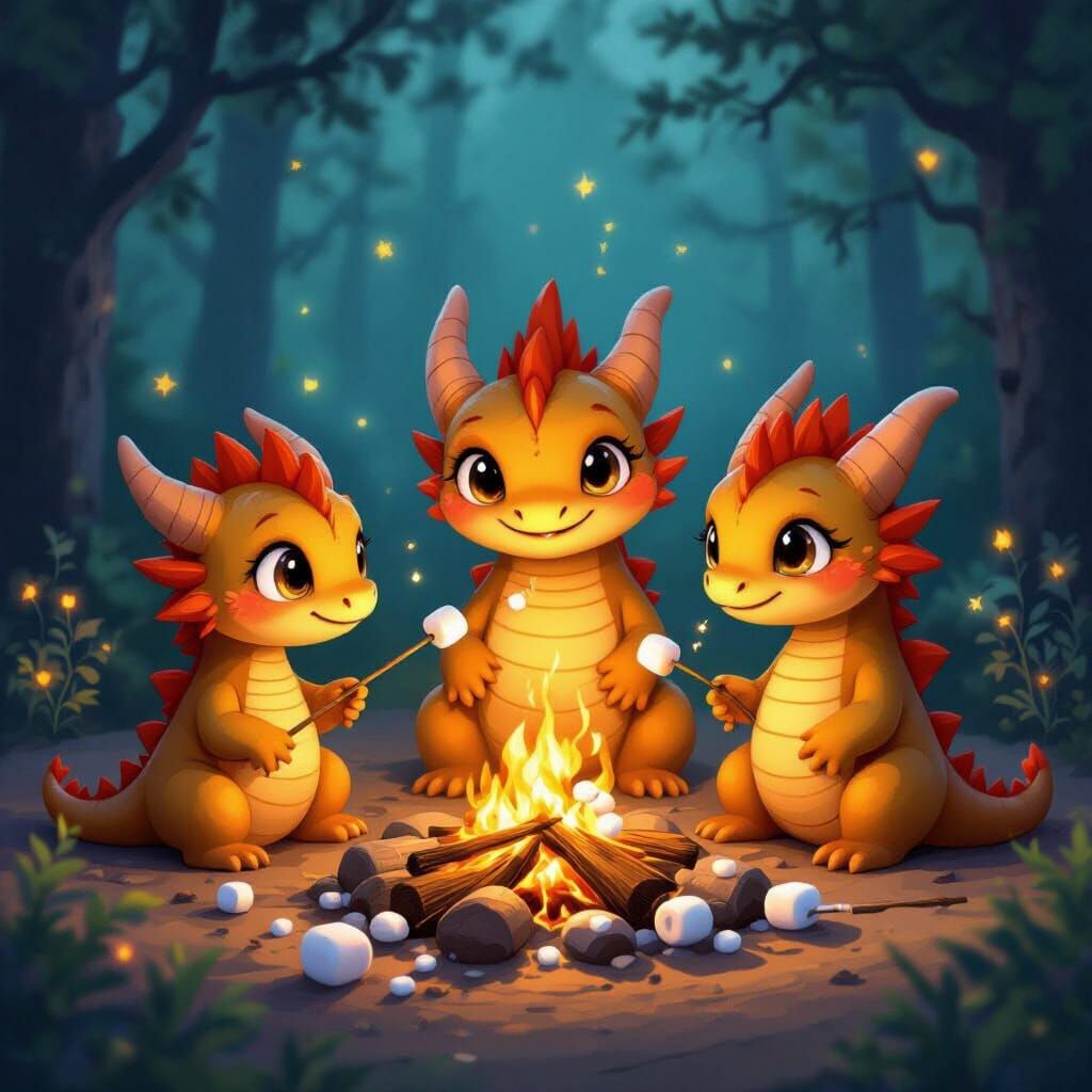 Adorable Tiny Dragons Toasting Marshmallows Around a Campfir...