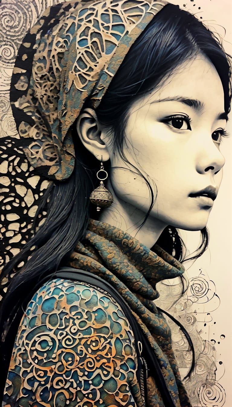 Grunge Nomad Art in Filigree Zentangle Pointilism Style