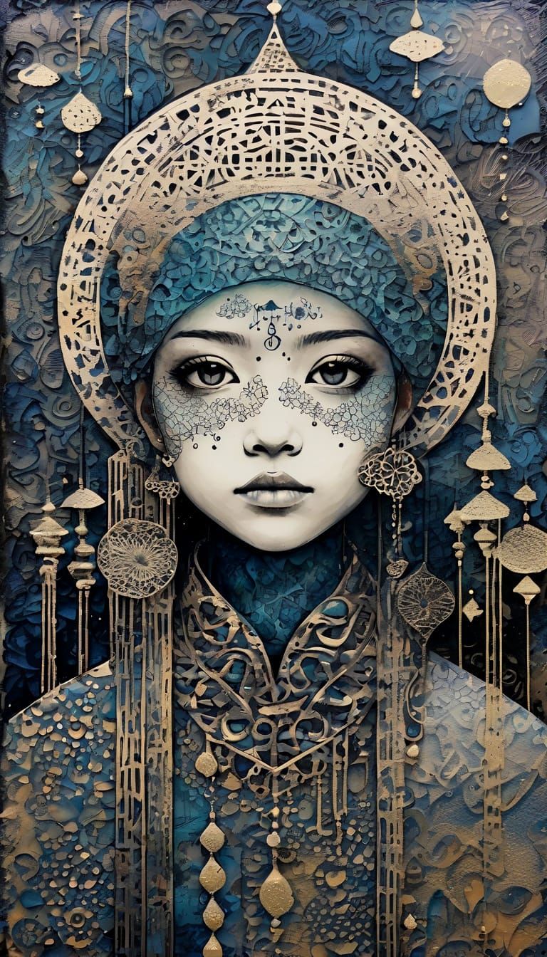 Futuristic Filigree Nomad in Vibrant Grunge Landscape