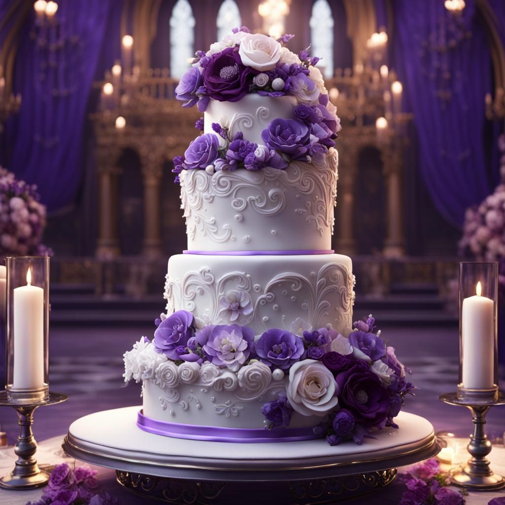 White and Purple Wedding Cake with Flowers