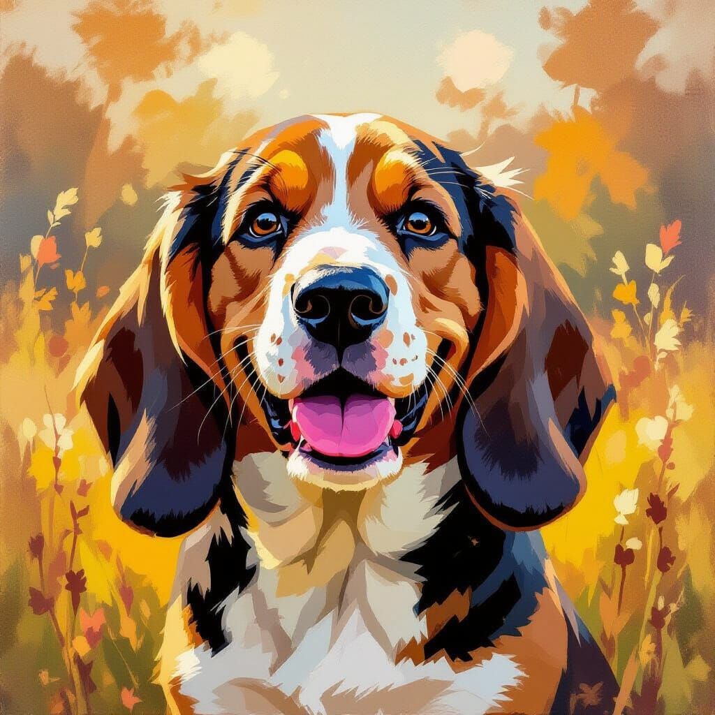 Charming Tinny Basset Hound Smiling in Impressionistic Oil P...