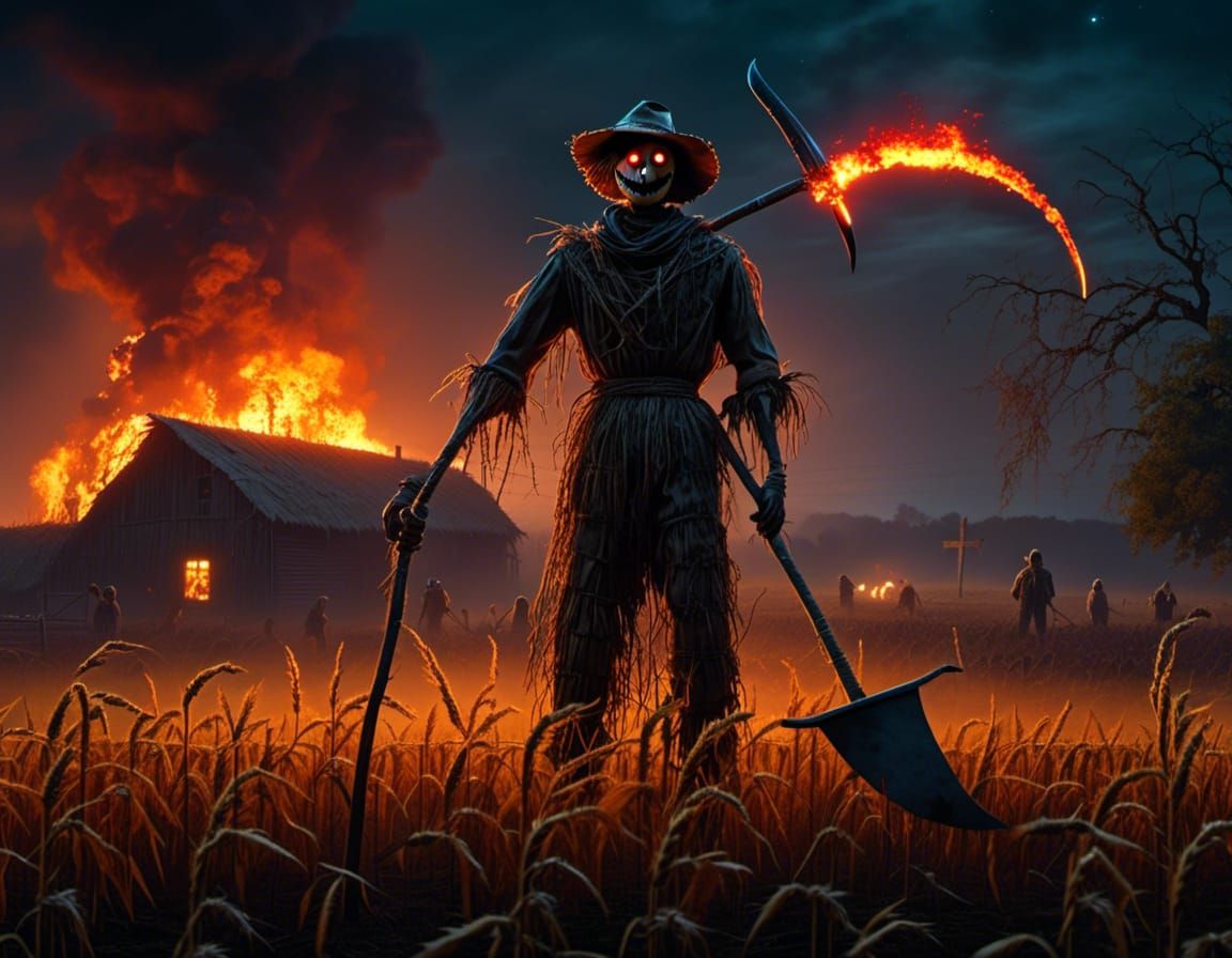 Menacing Scarecrow with Scythe in Burning Farm Horror