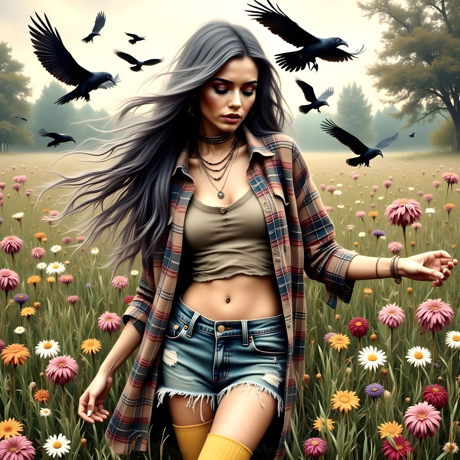 Psychedelic Flower Child Dancing in a Field