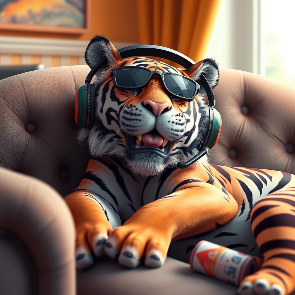 Tiger Lounging with Headset in Vibrant Digital Art