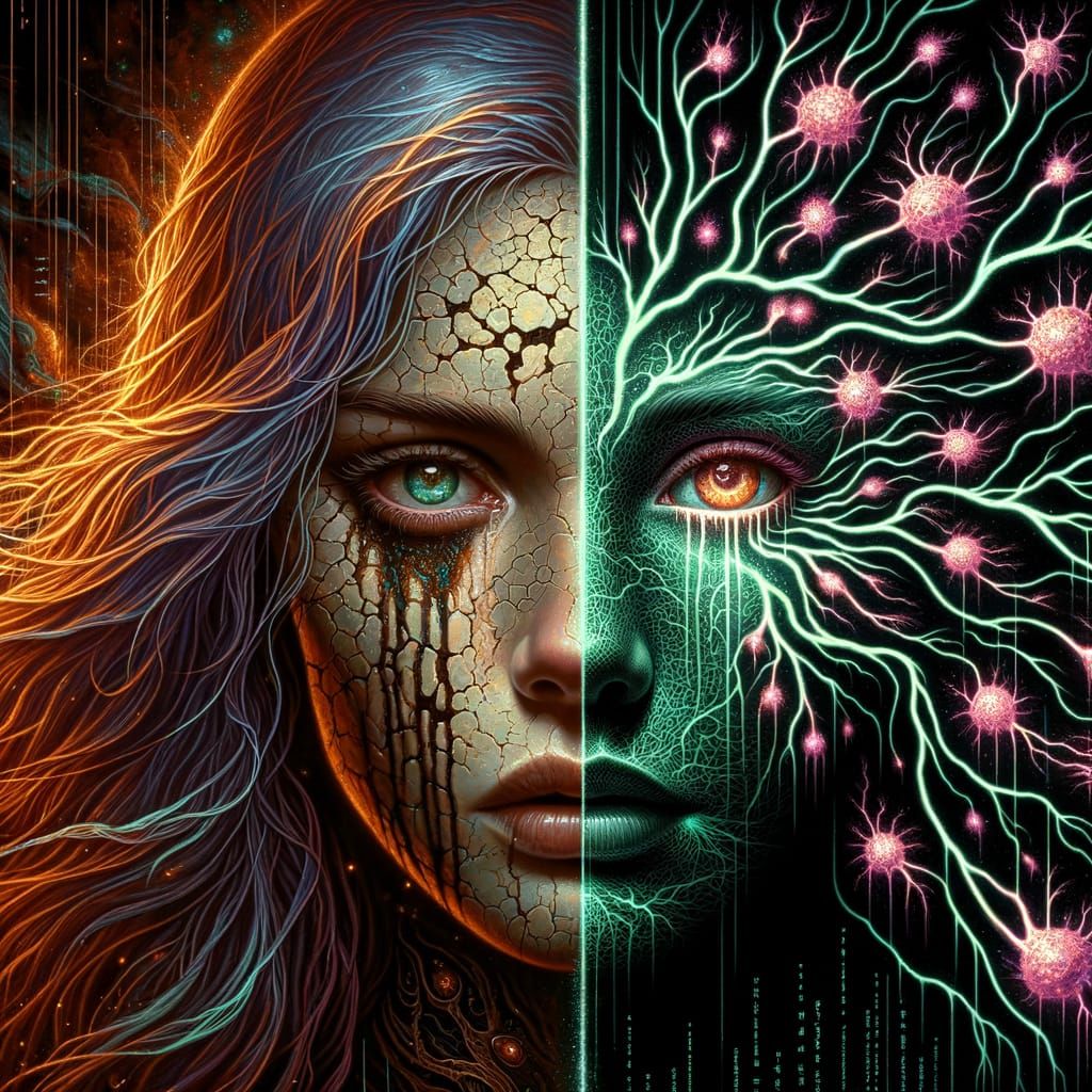 Beautiful Shattered Woman Meets Vibrant Cosmic Art