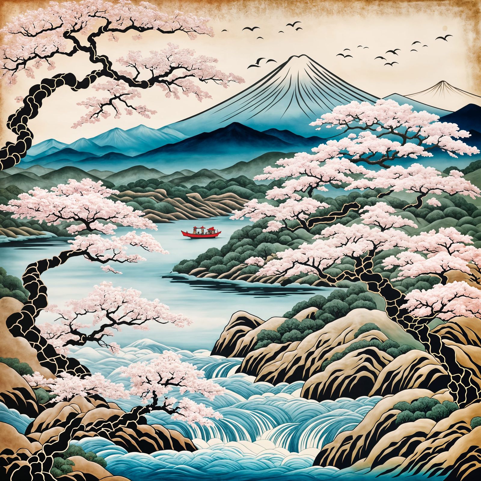 Serene Japanese Landscape in Ukiyo-e Style