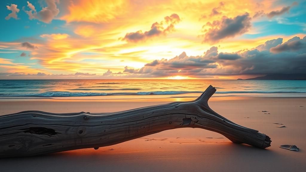 Dramatic Sunset at Deserted Beach with Driftwood