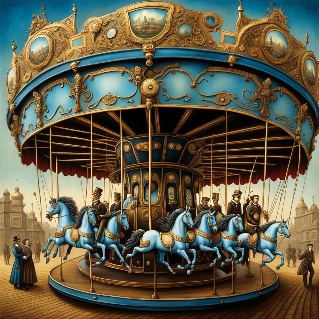 Steampunk Fair Carousel in Storybook Illustration Style