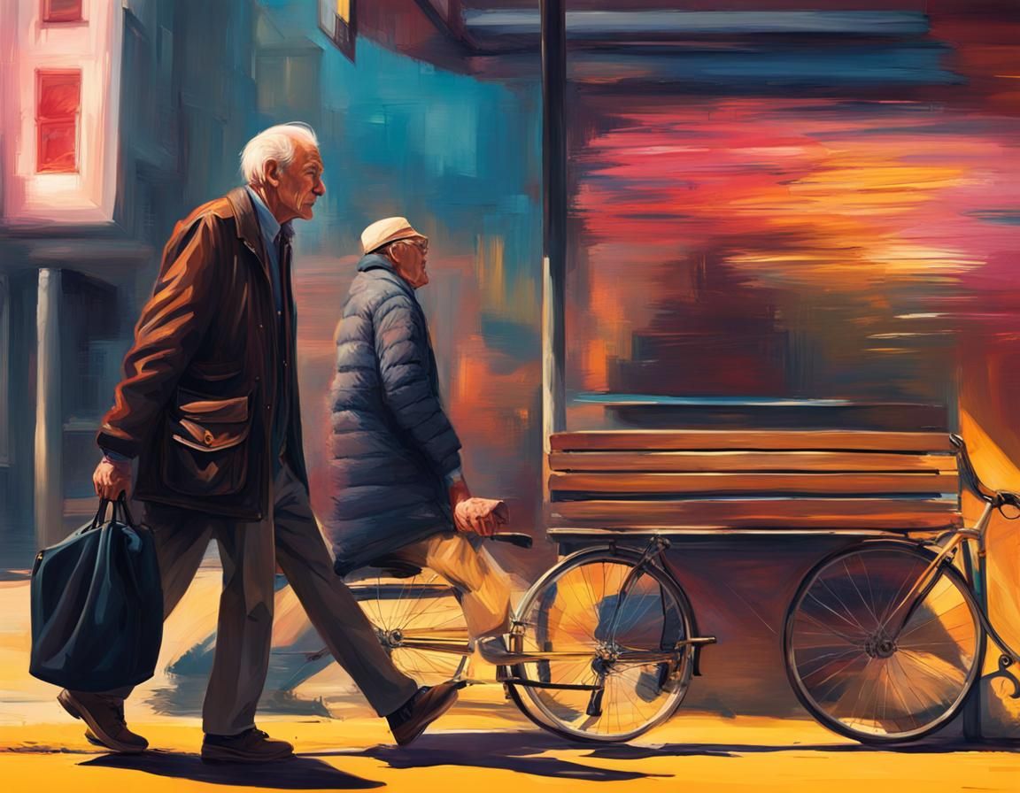 Hyperrealistic Elderly Man Walking Down Main Street