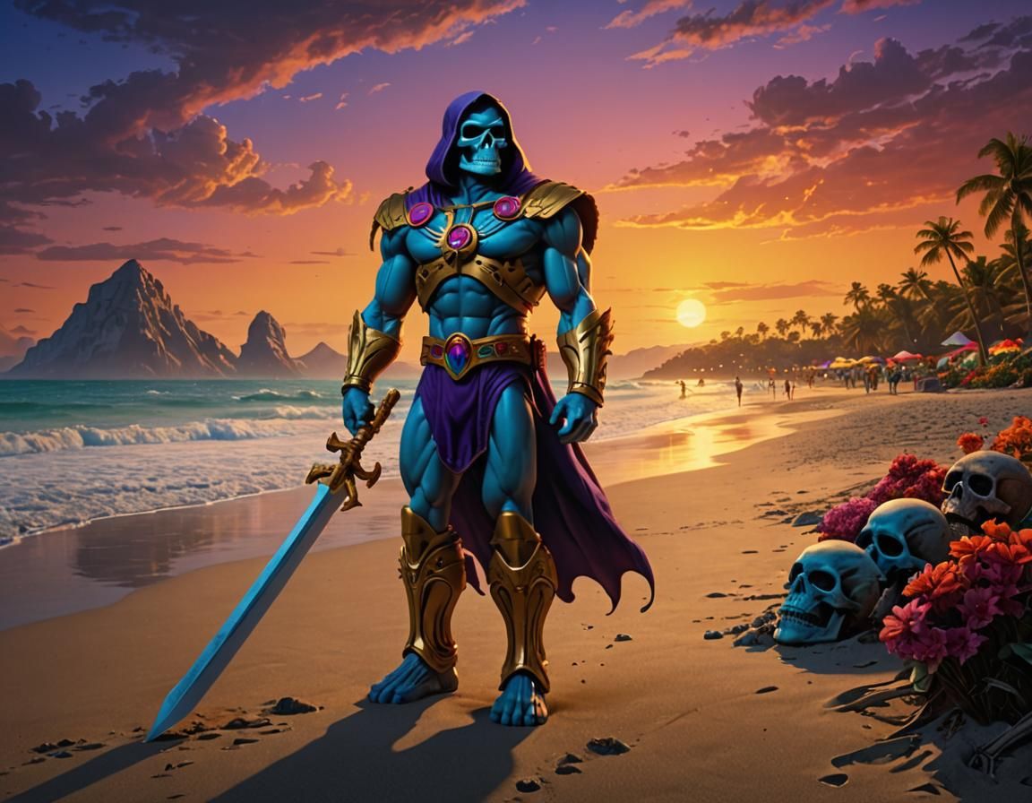 Skeletor on a beach at sunset, Masters of the Universe, MOTU