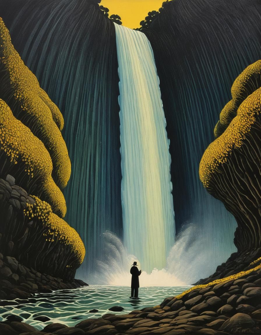 Underwater Waterfall in Style of Steinlen Lithograph