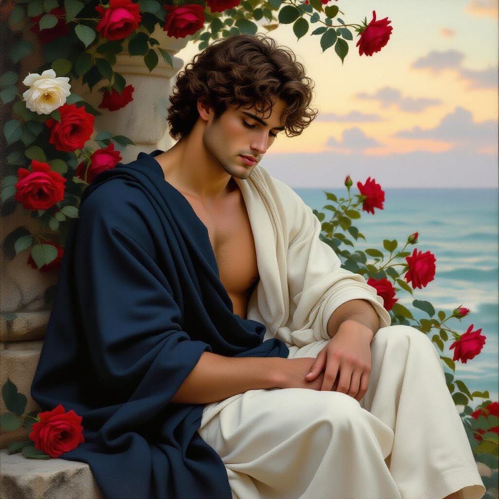 Young Man in Roses, Classical Realism Oil Painting