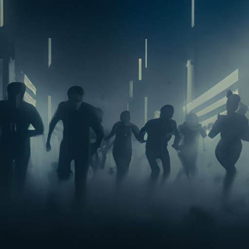 Humanity Fleeing Unhinged Chaos: A Digital Painting