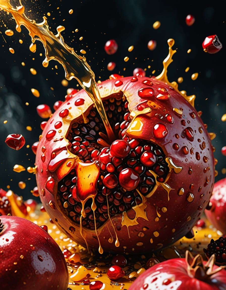 Pomegranate Explosion in Vibrant Oil Painting Style
