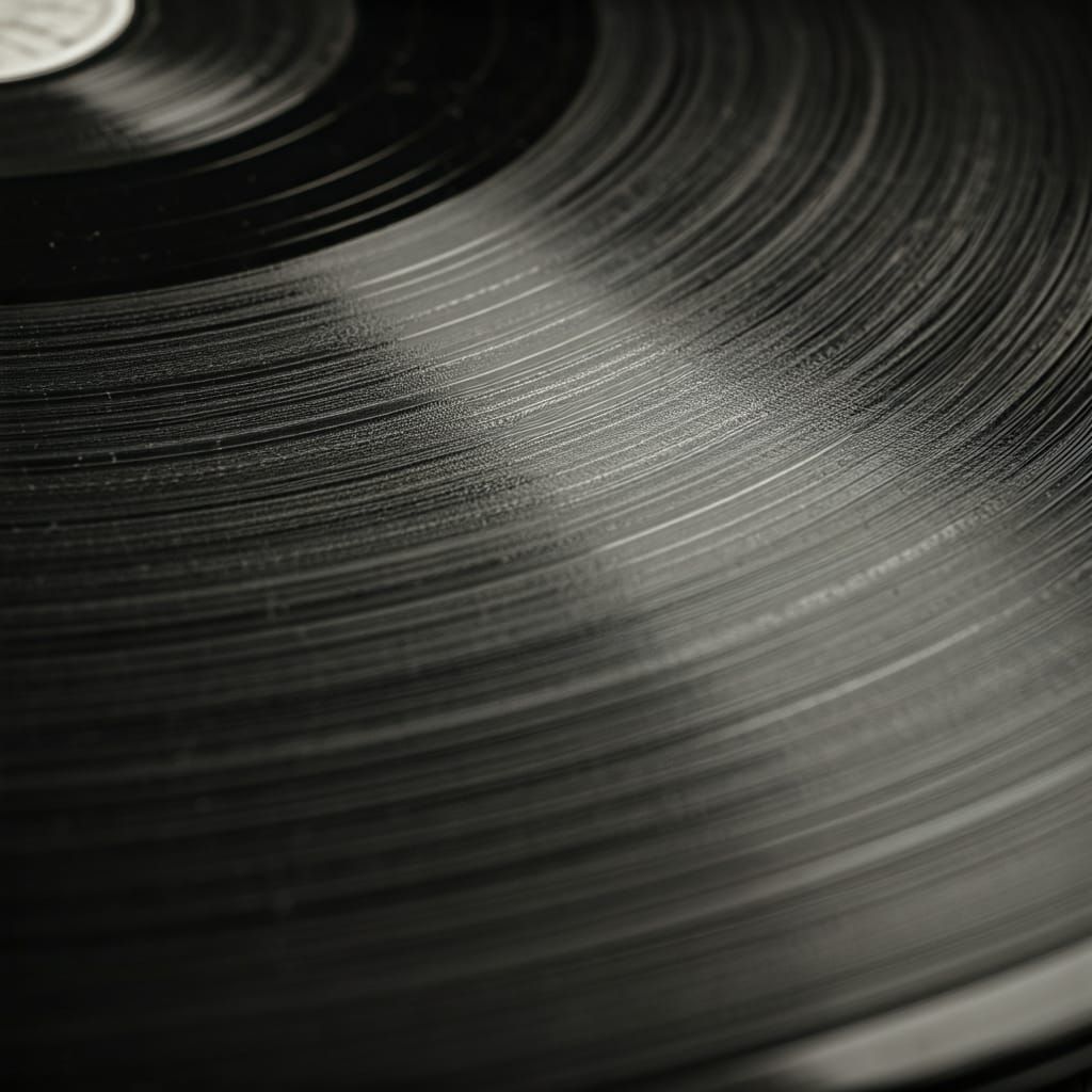 Vinyl Record Grooves: Macro Black and White Landscape