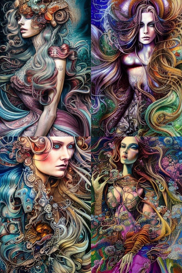 Enigmatic Princess with Elaborate Hair in Watercolour