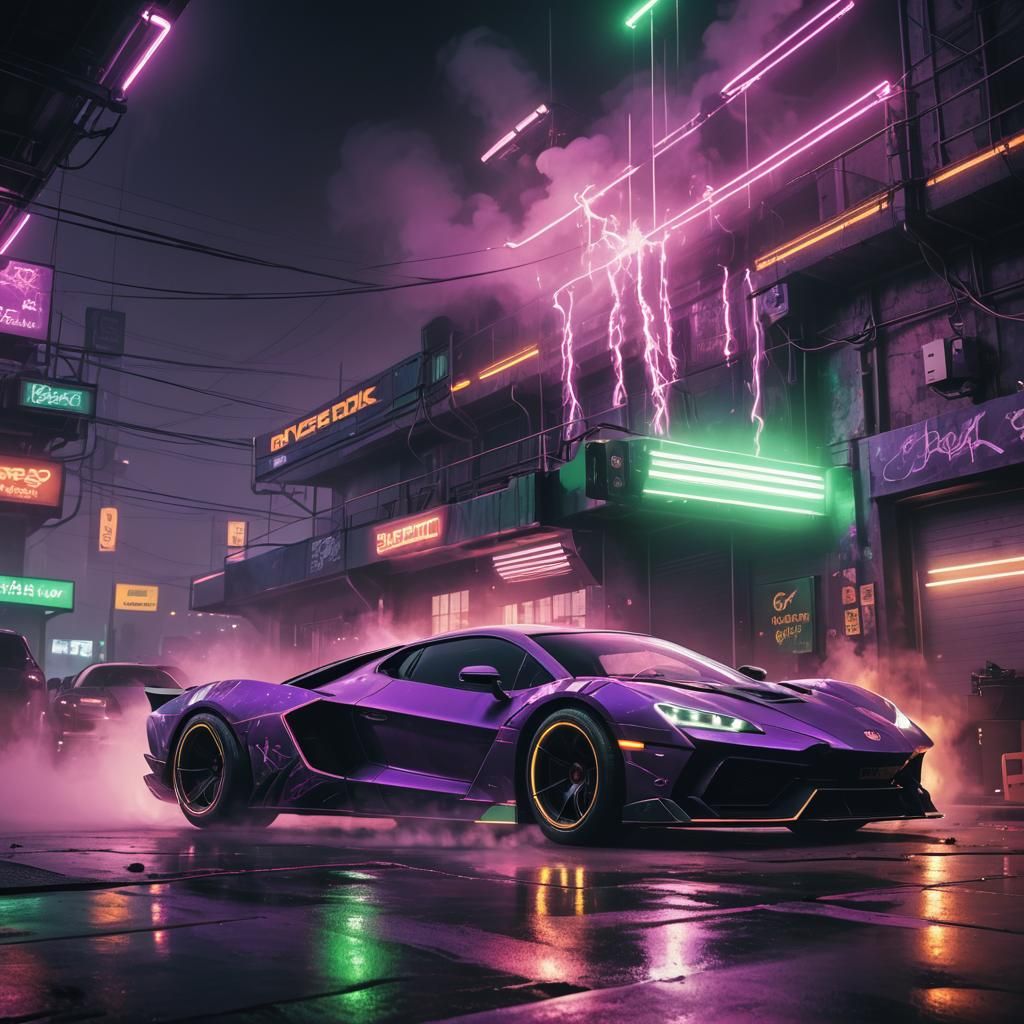 Cyberpunk Supercar Emerges in Neon Lit Garage