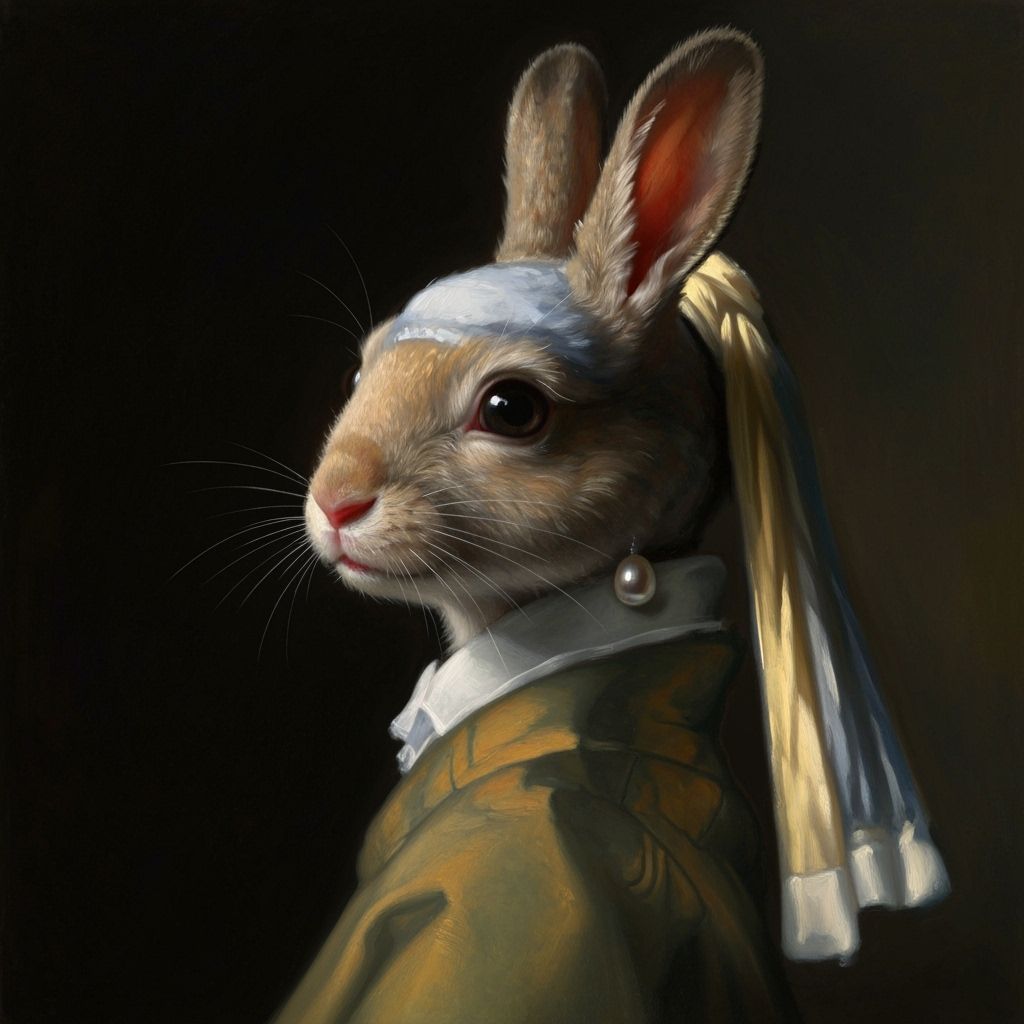 Vermeer-Style Rabbit with Pearl Earring