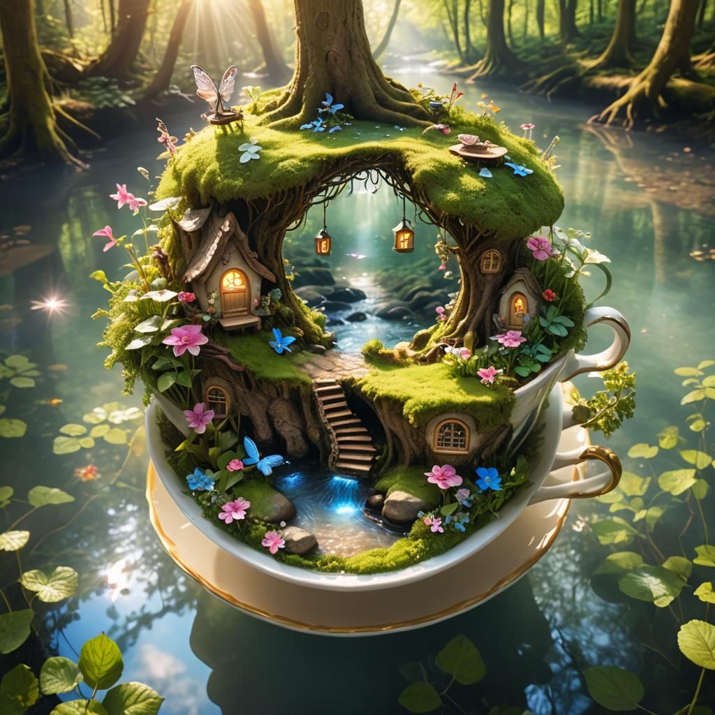 Enchanting Fairy Home Inside Teacup in Forest