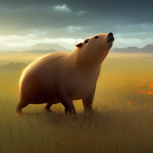 Capybara in Field, Hyperdetailed Digital Art