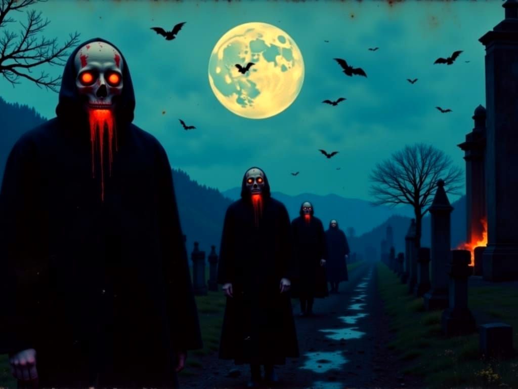 Eerie Ghouls in Moonlit Cemetery with Swirling Bats
