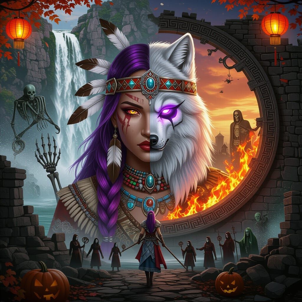 Warrior Princess With Wolf Face Amidst Autumn Ruins