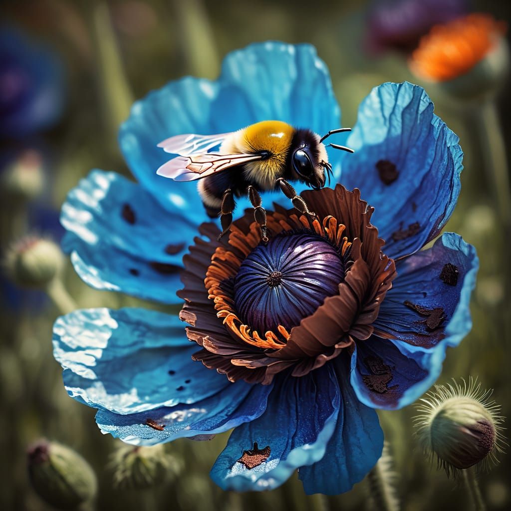 Sleepy Blue Bumblebee in Chocolate Poppy, Watercolor Style