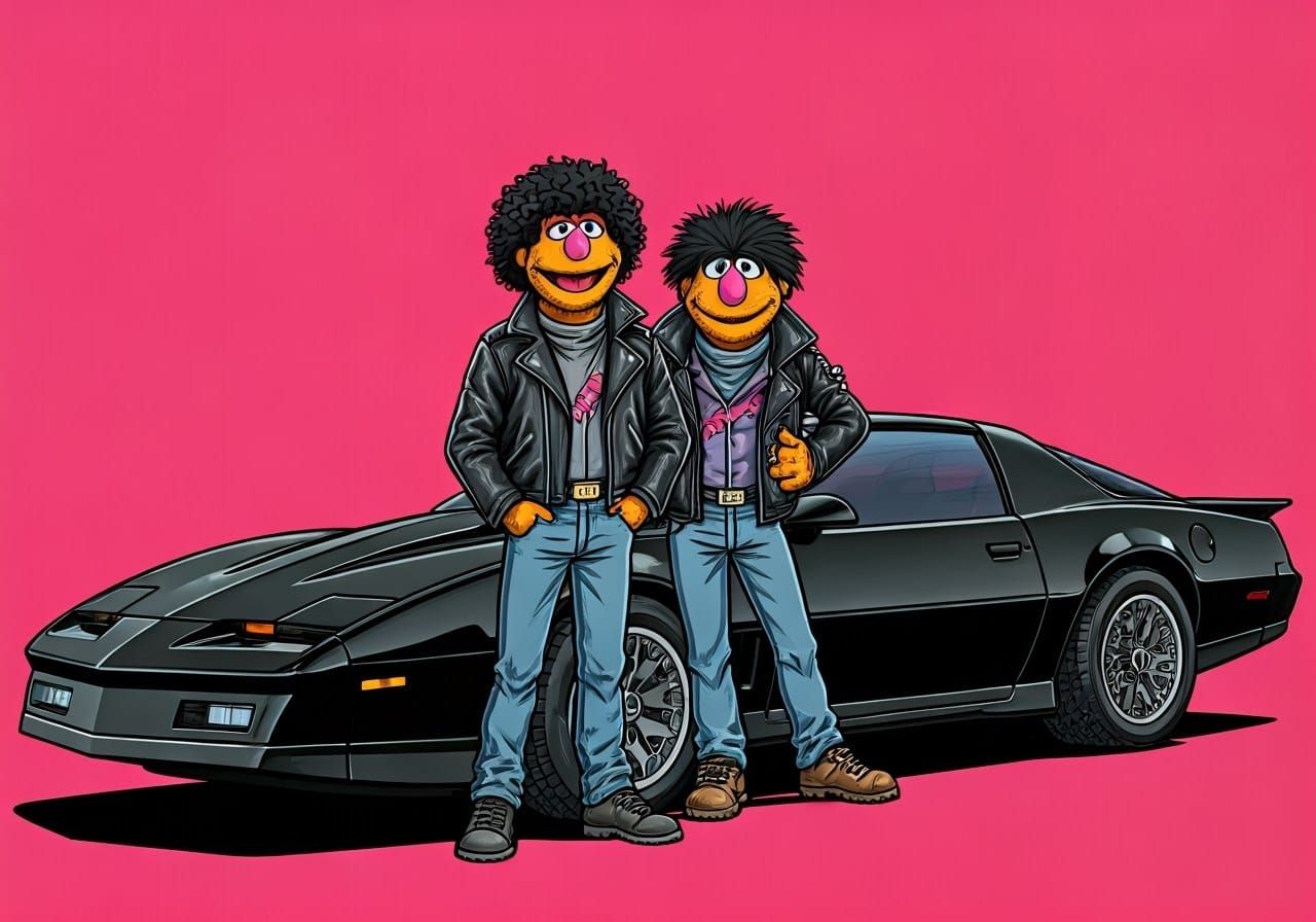 Muppet Michael Knight and Kitt in Retro-Futuristic Style