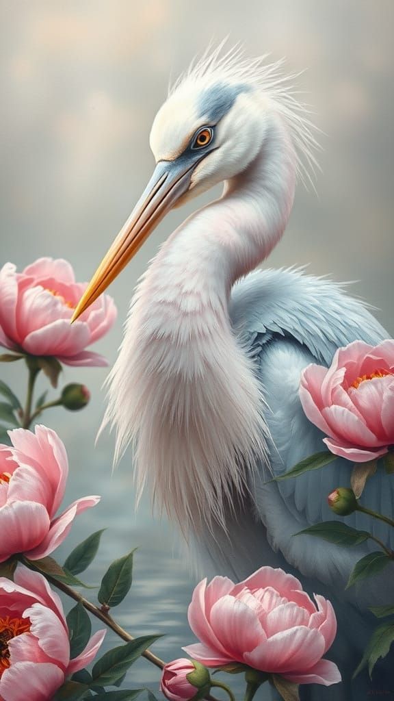 Soft, Fluffy, Lush Painting of a Silver Heron in a Serene Ri...
