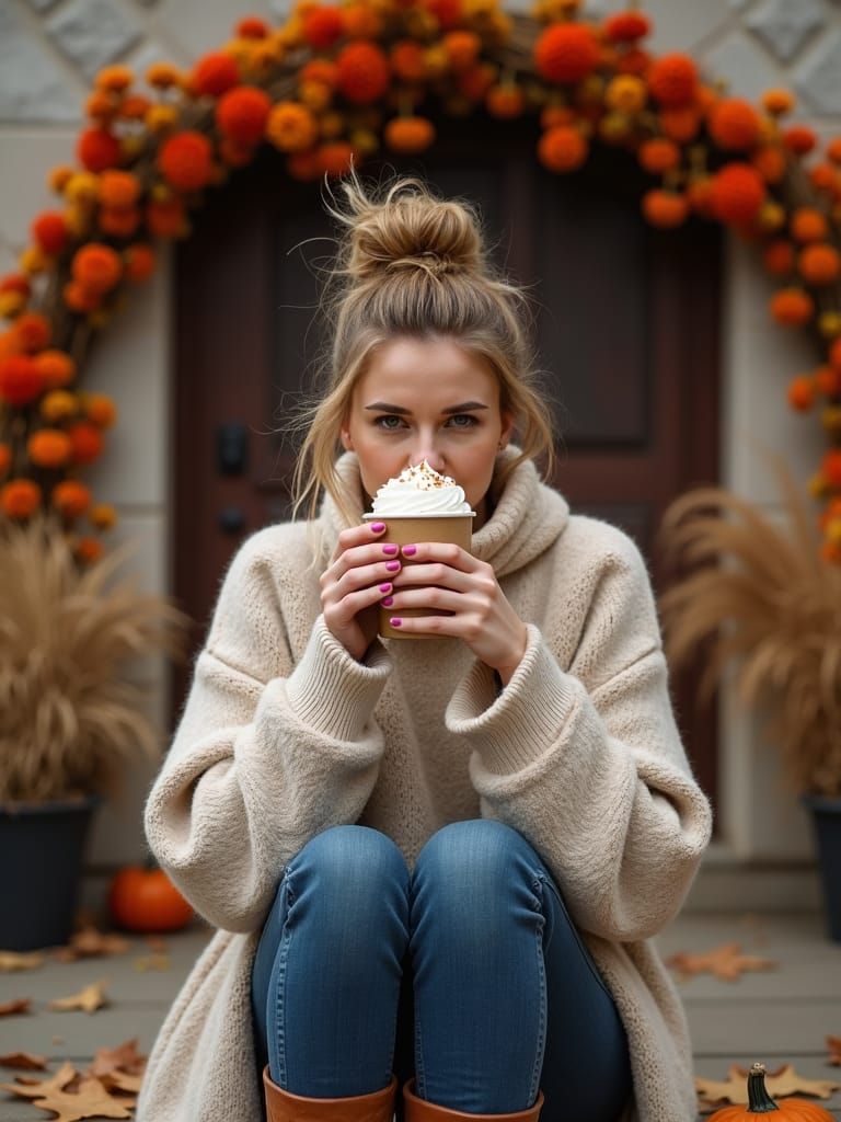 Woman Sips Cider Under Autumn Archway