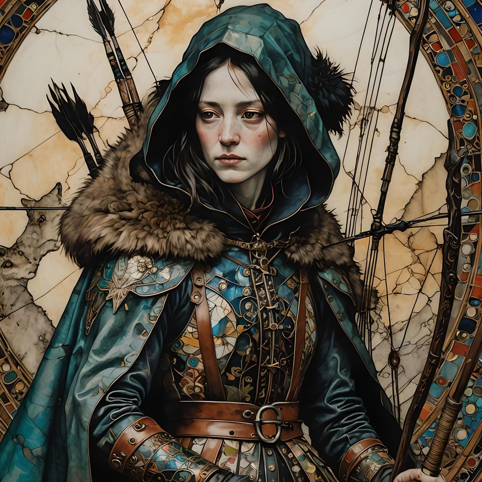 Huntress and Wolf in Cloisonné Style