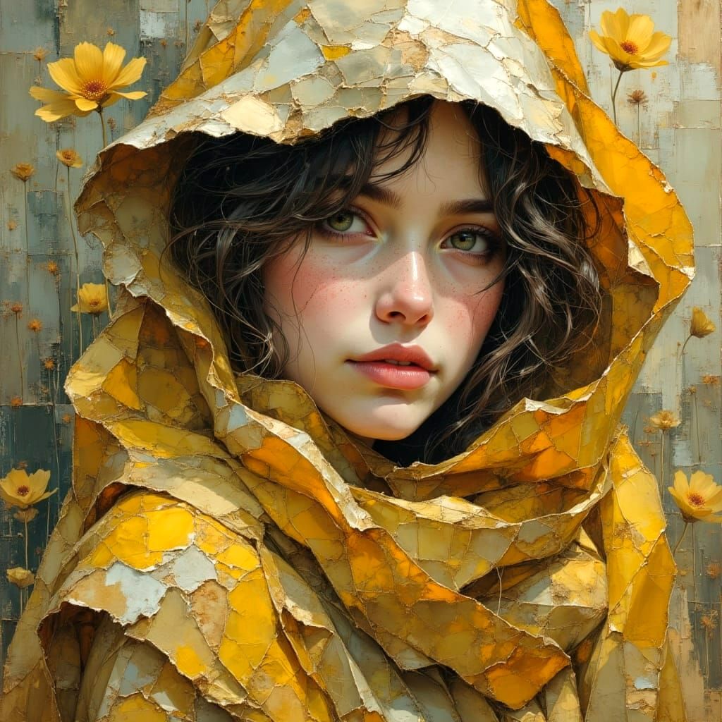 Girl in Cloak: Impasto Oil Painting with Metallic Textures
