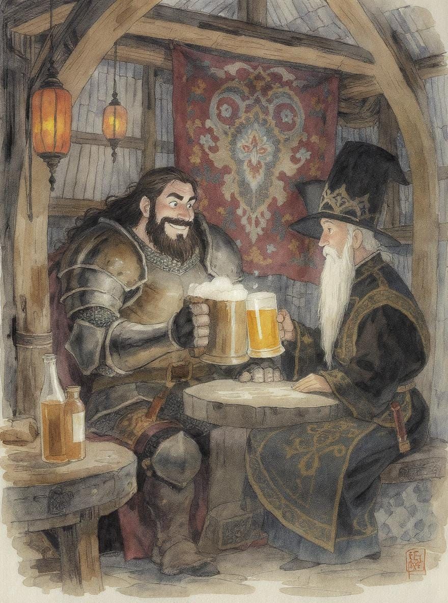 Knight and Cleric Share Ale in Mystical Tavern