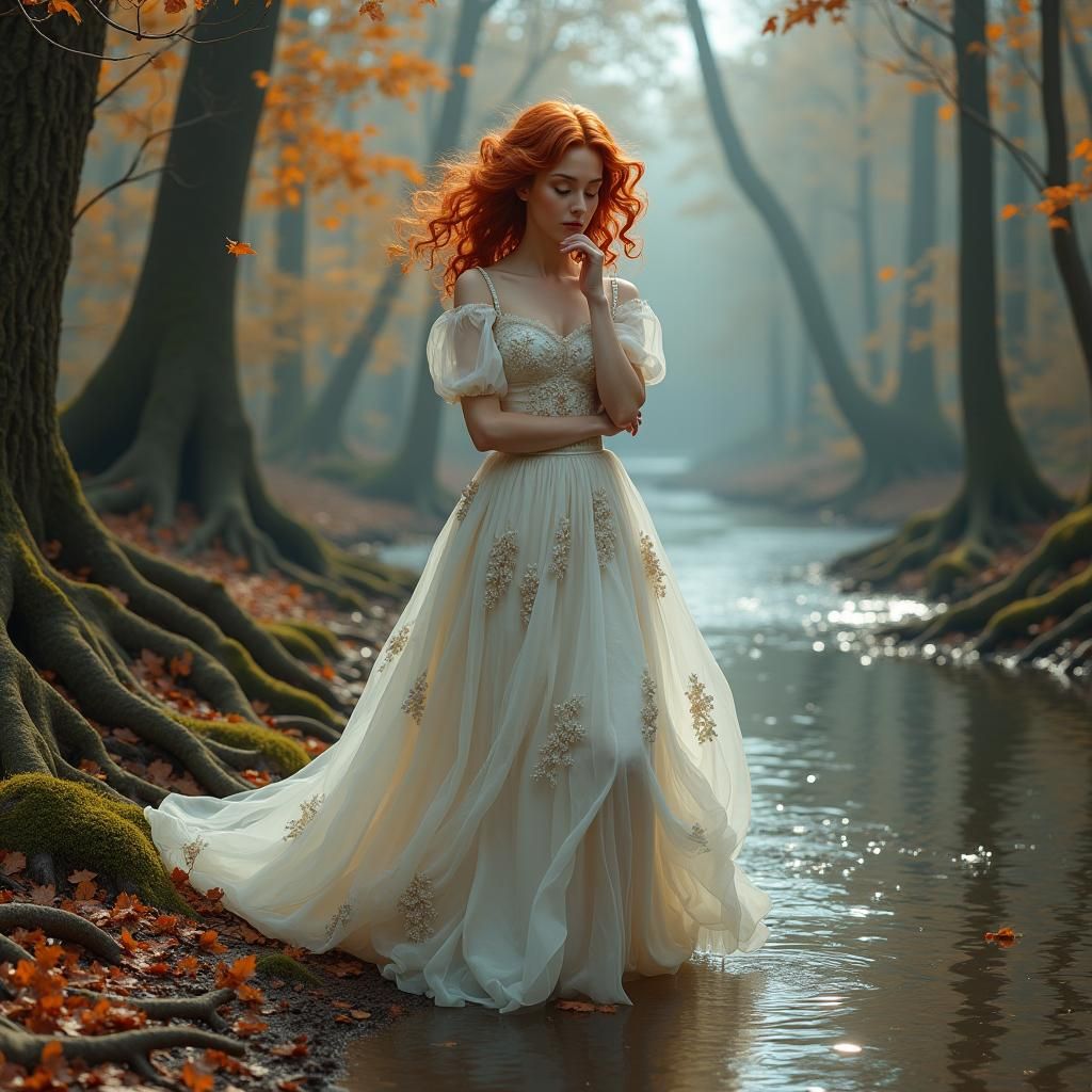 Red-Haired Woman in Autumn Forest, Digital Painting