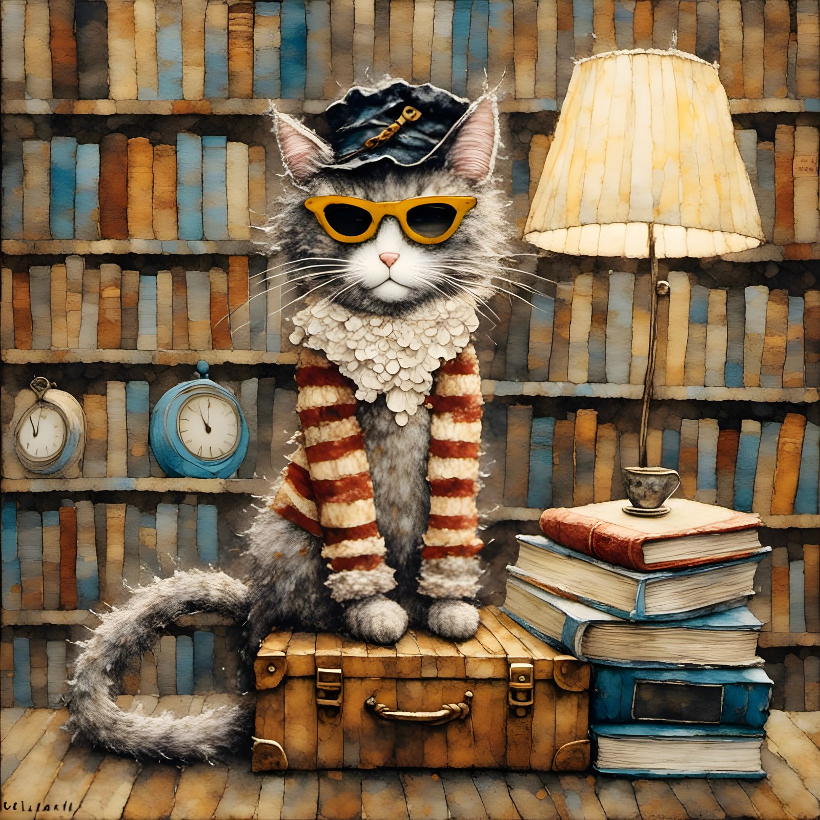 Pirate Cat in Bookshop: Encaustic Art Piece