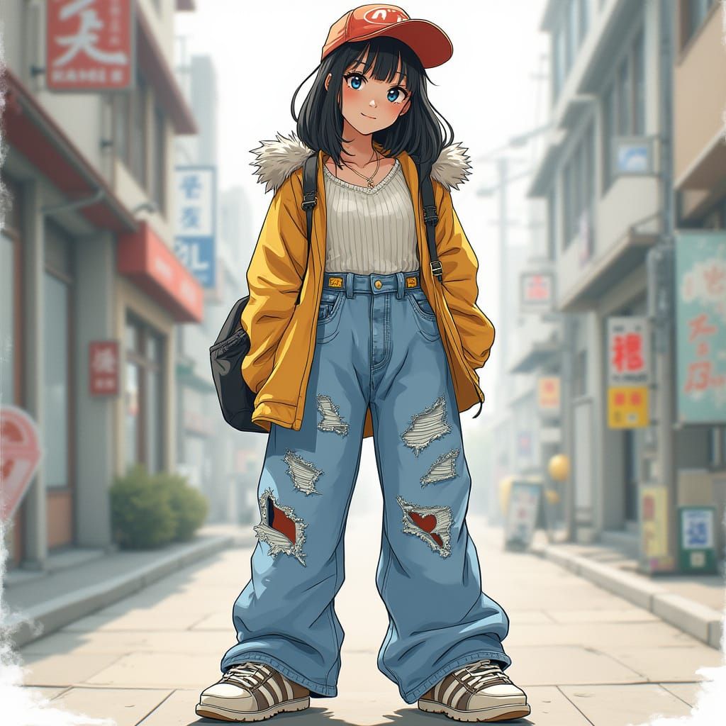 Trendy Korean Girl in Baggy Jeans: Anime Style