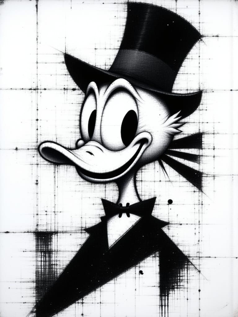 Cubist Portrait of Donald Duck in Black and White
