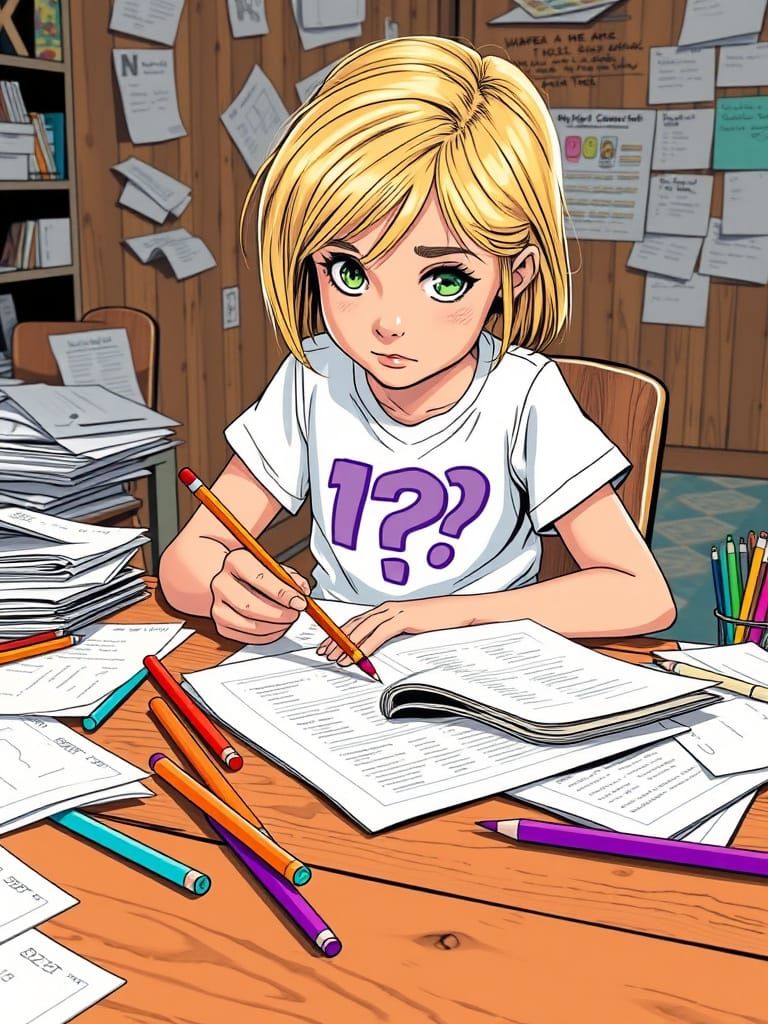 Intense Girl Focuses on Homework in Comic Book Art Style
