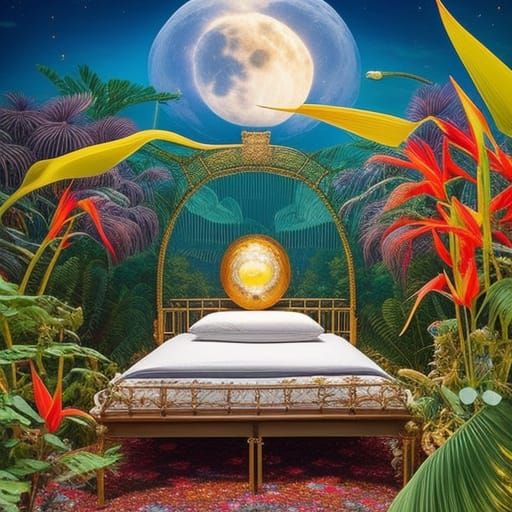 Celestial Woman in Surreal Sun and Moon Bed