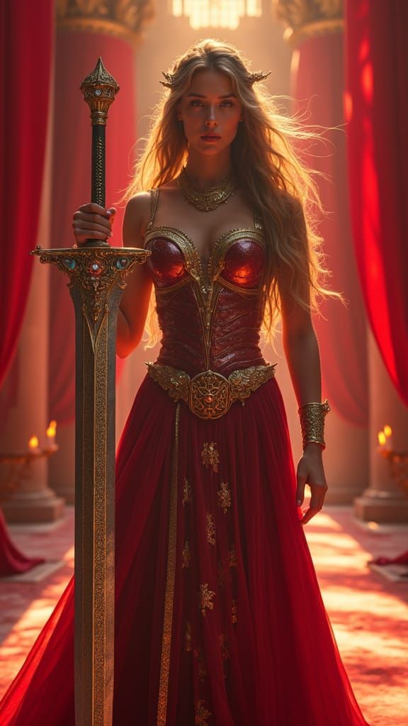 Regal Warrior Queen in Crimson Hall, Hyperrealistic Style