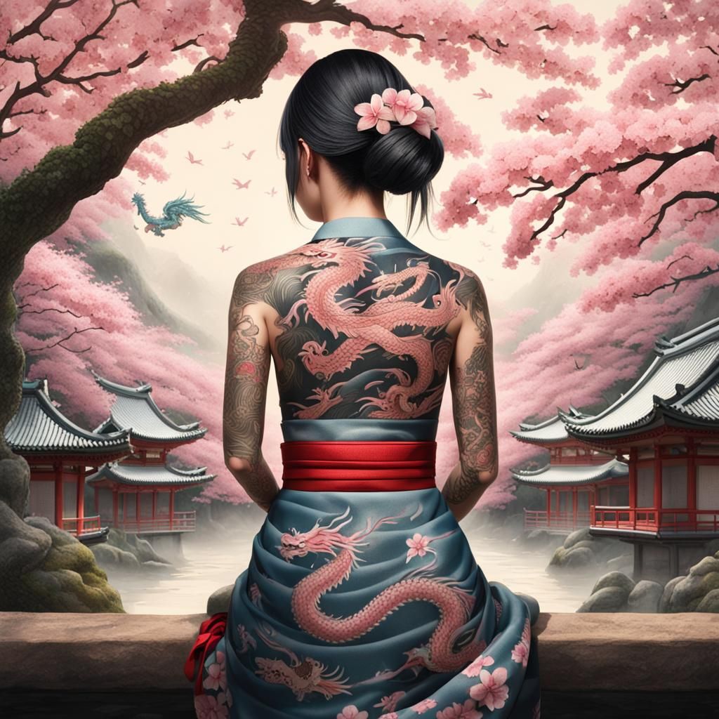 A japanese woman with dragon tattoos