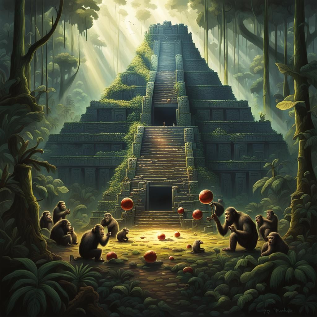 Eerie Mayan Temple in Jungle with Apes