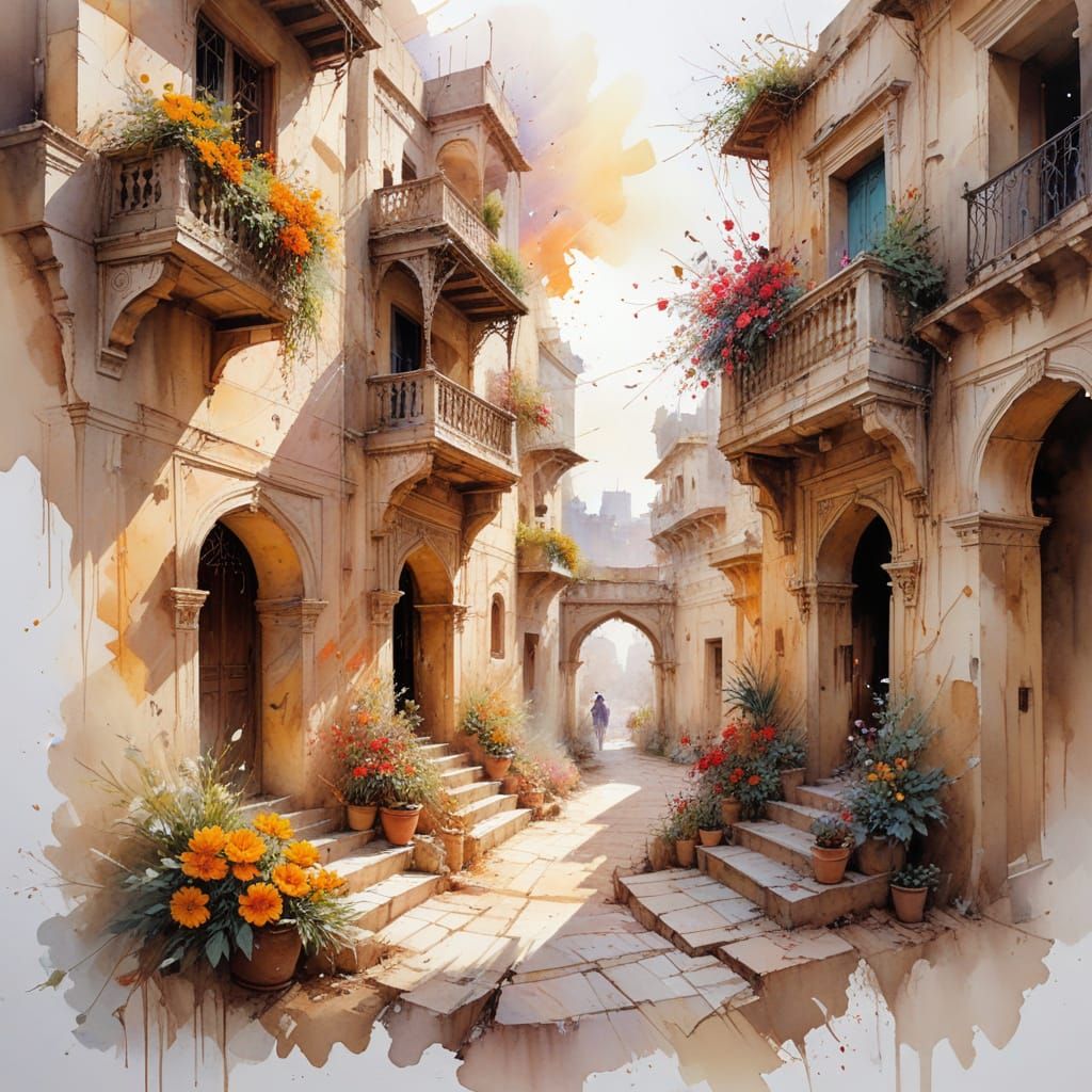 Rajasthani Desert Town at Dawn in Watercolour