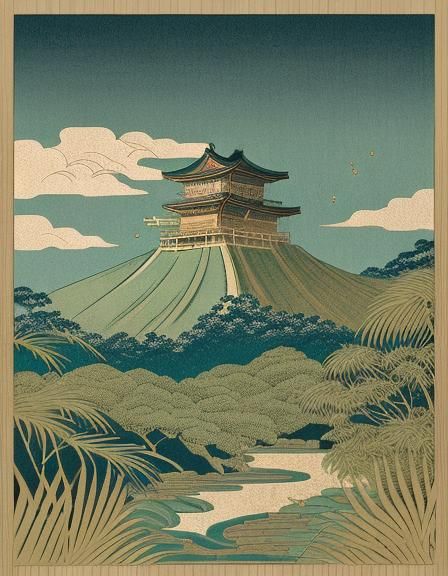Golden Palm Leaves: Ukiyo-e Style Woodblock Print