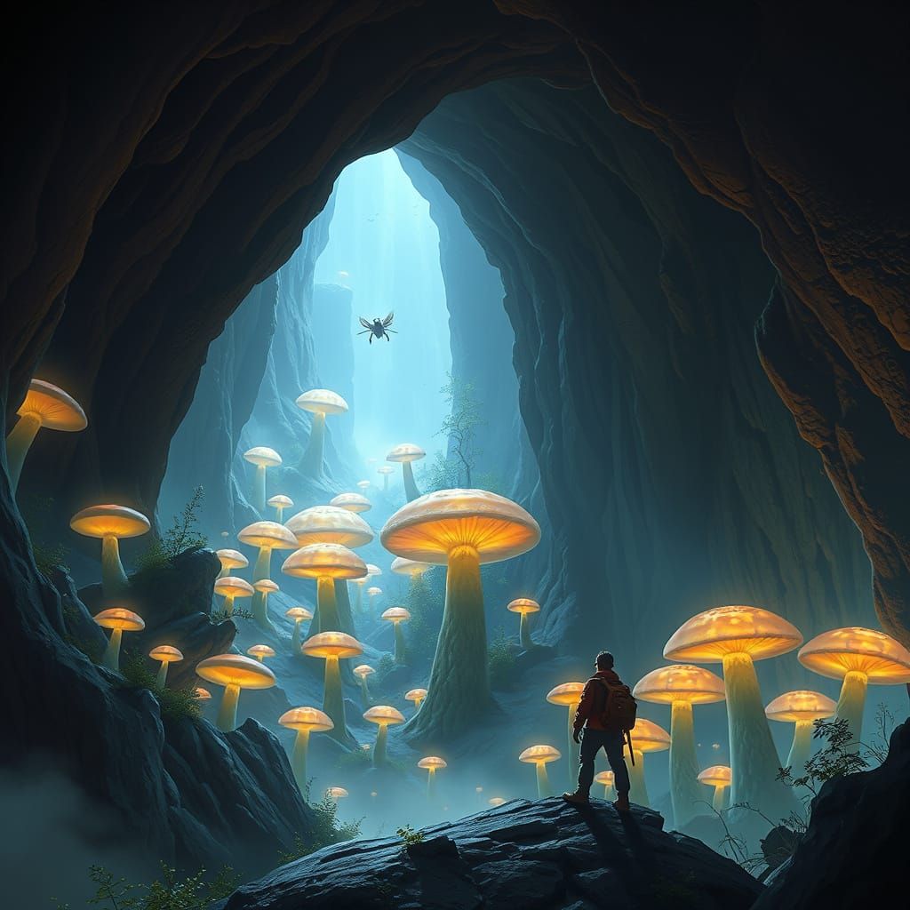Underground Cavern with Glowing Mushrooms in Digital Art