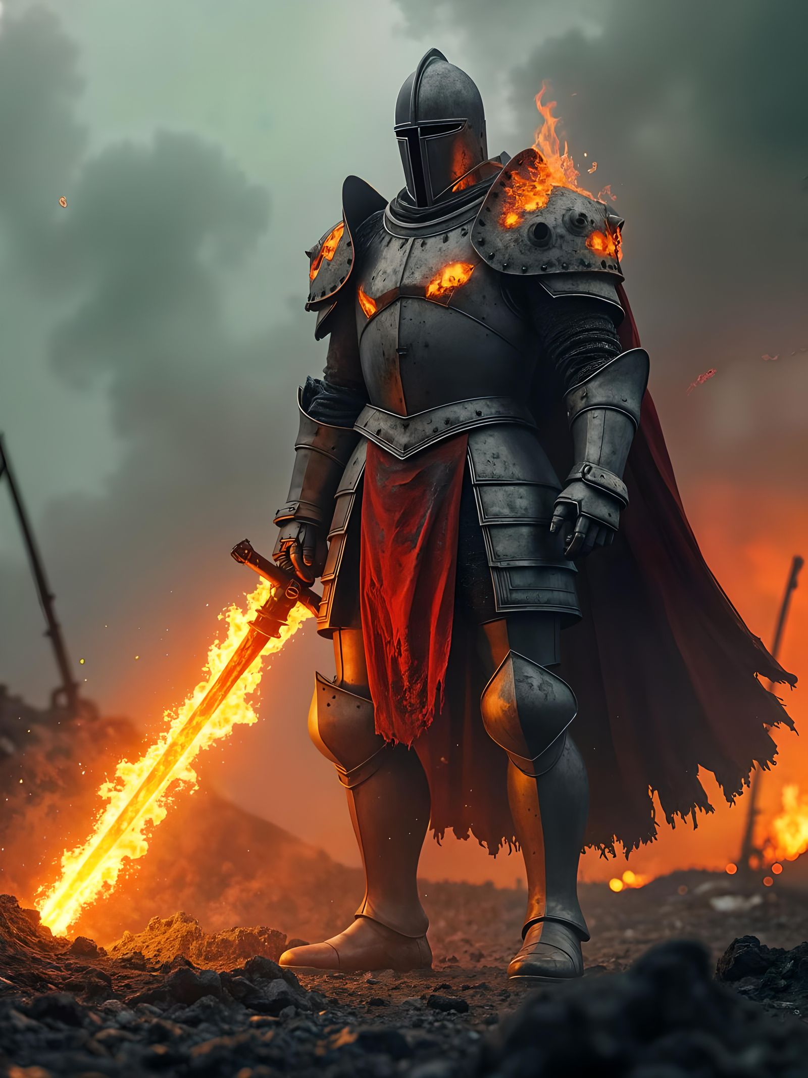 Fiery Armored Knight in Scorched Battlefield